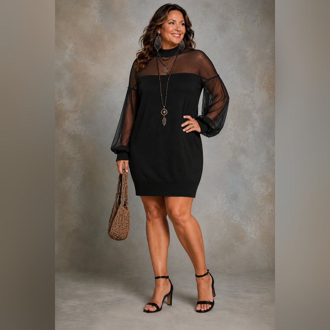 Tenley | Black Mesh-Sleeve Mini Dress