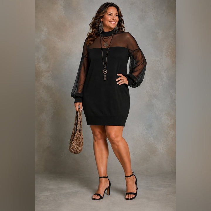 Tenley | Black Mesh-Sleeve Mini Dress