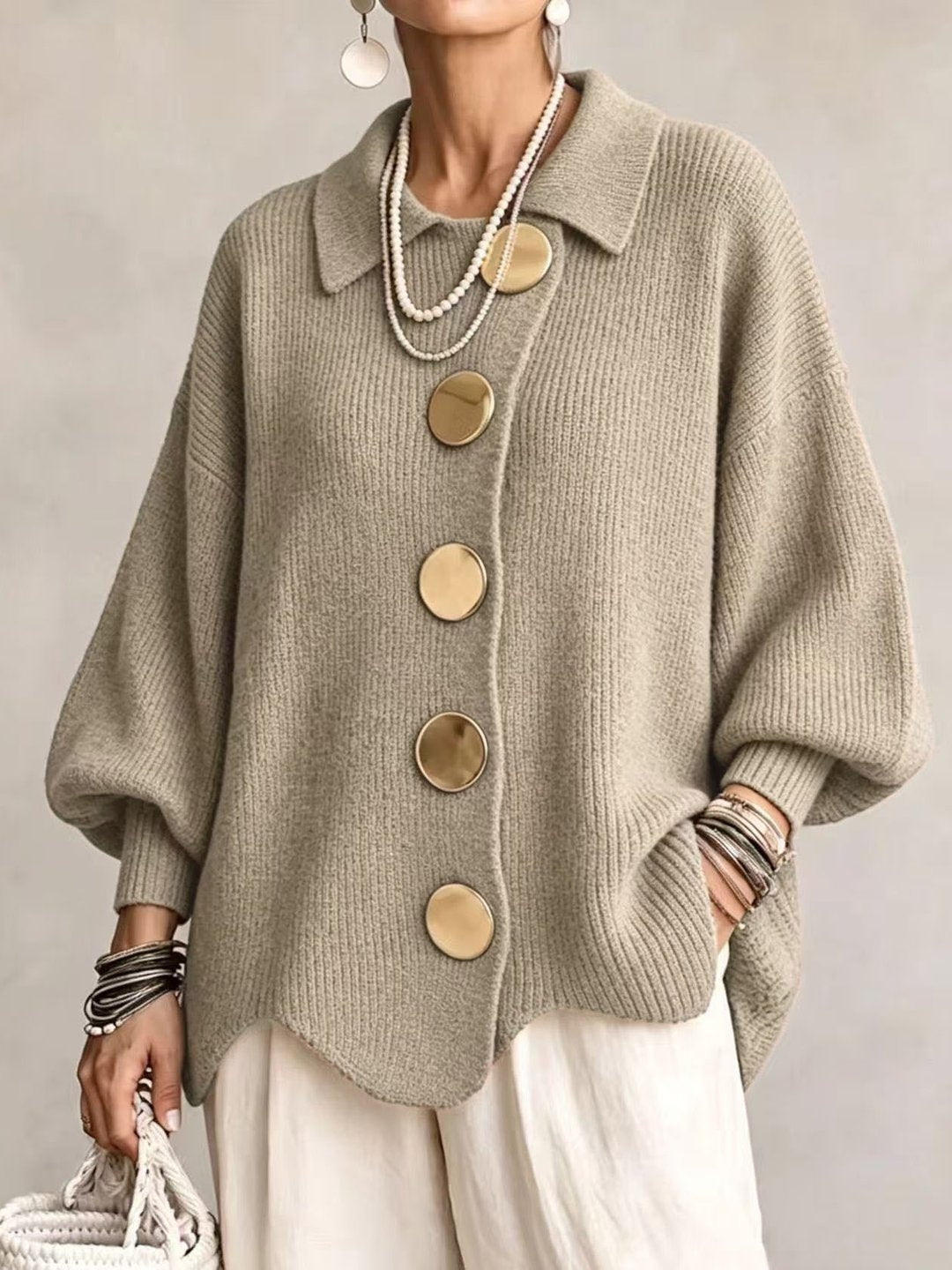 Stefanie | Oversized Collared Cardigan With Large Metal Buttons