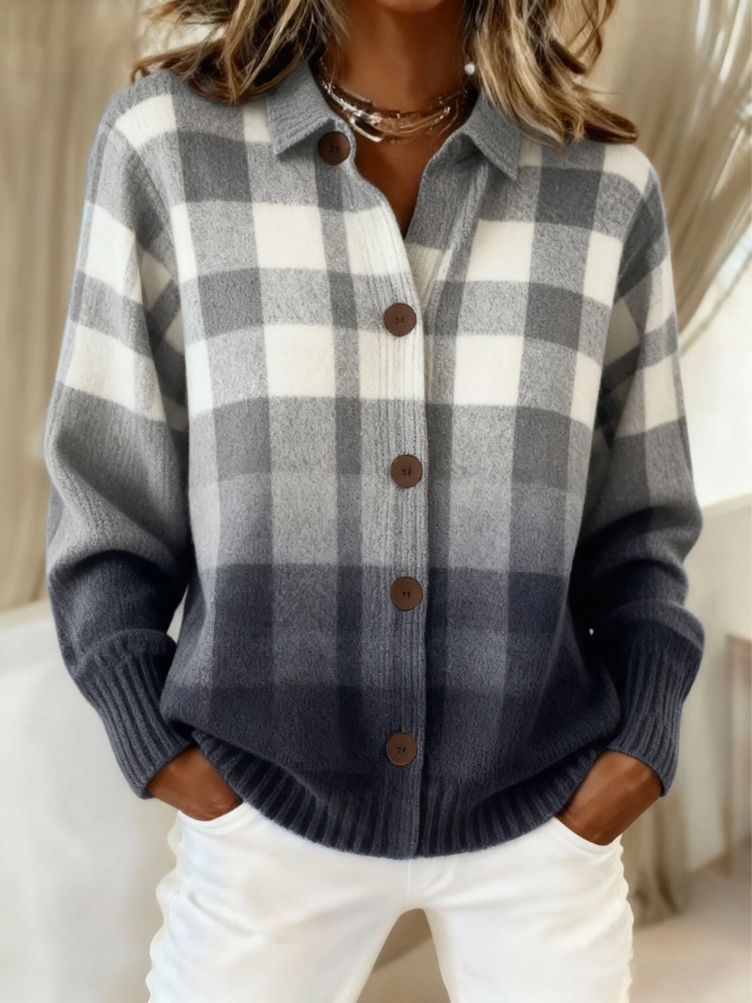 Sue | Gray Ombre Plaid Button Cardigan