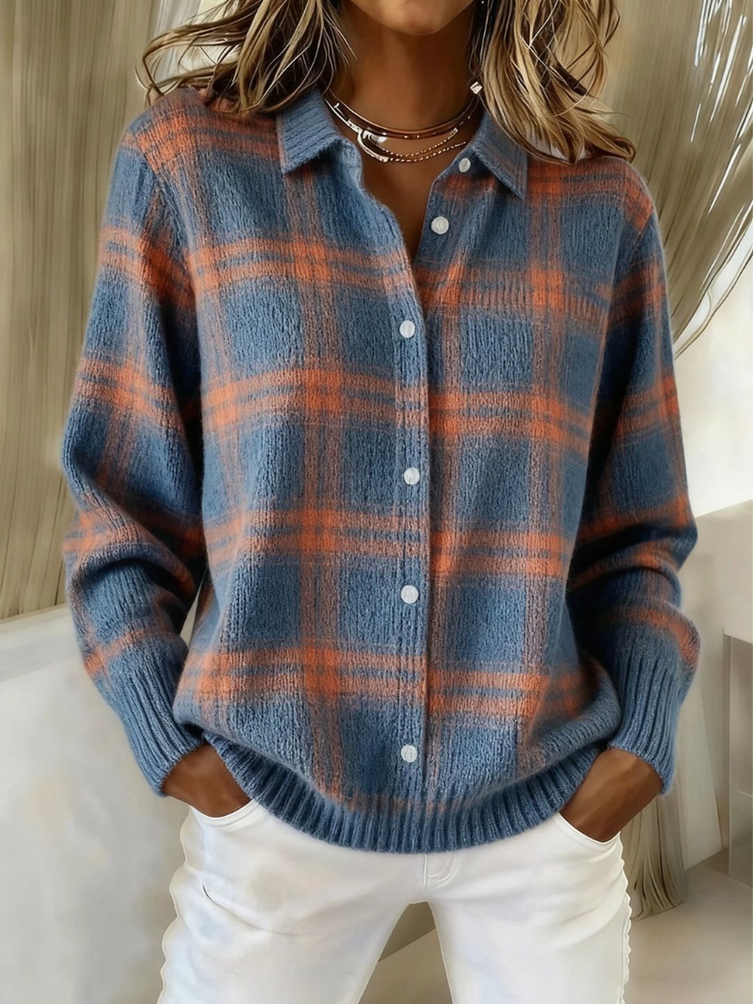 Meagan | Warm Blue Check Cardigan