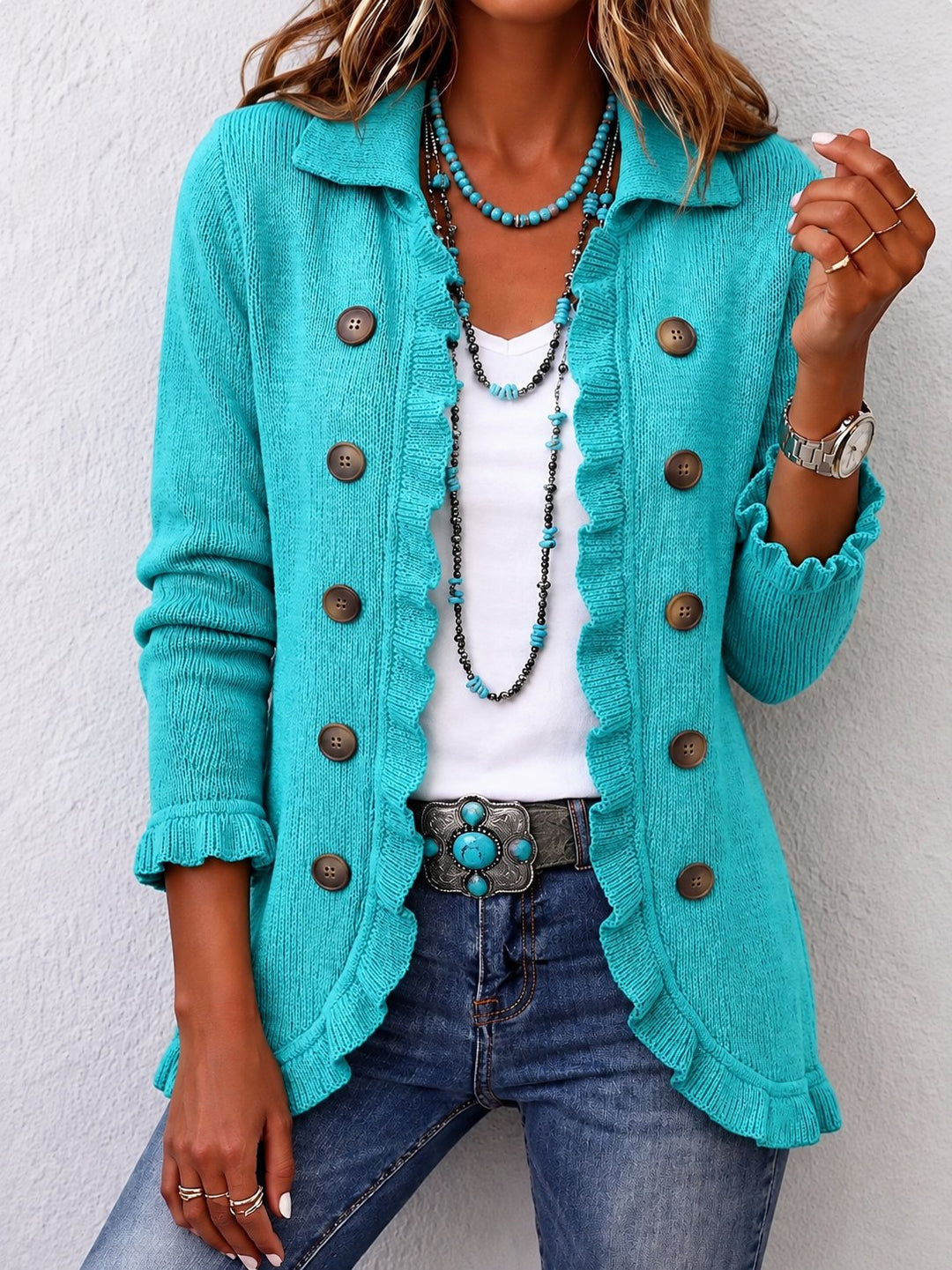 Tabby | Turquoise Ribbed Knit Ruffle Jacket