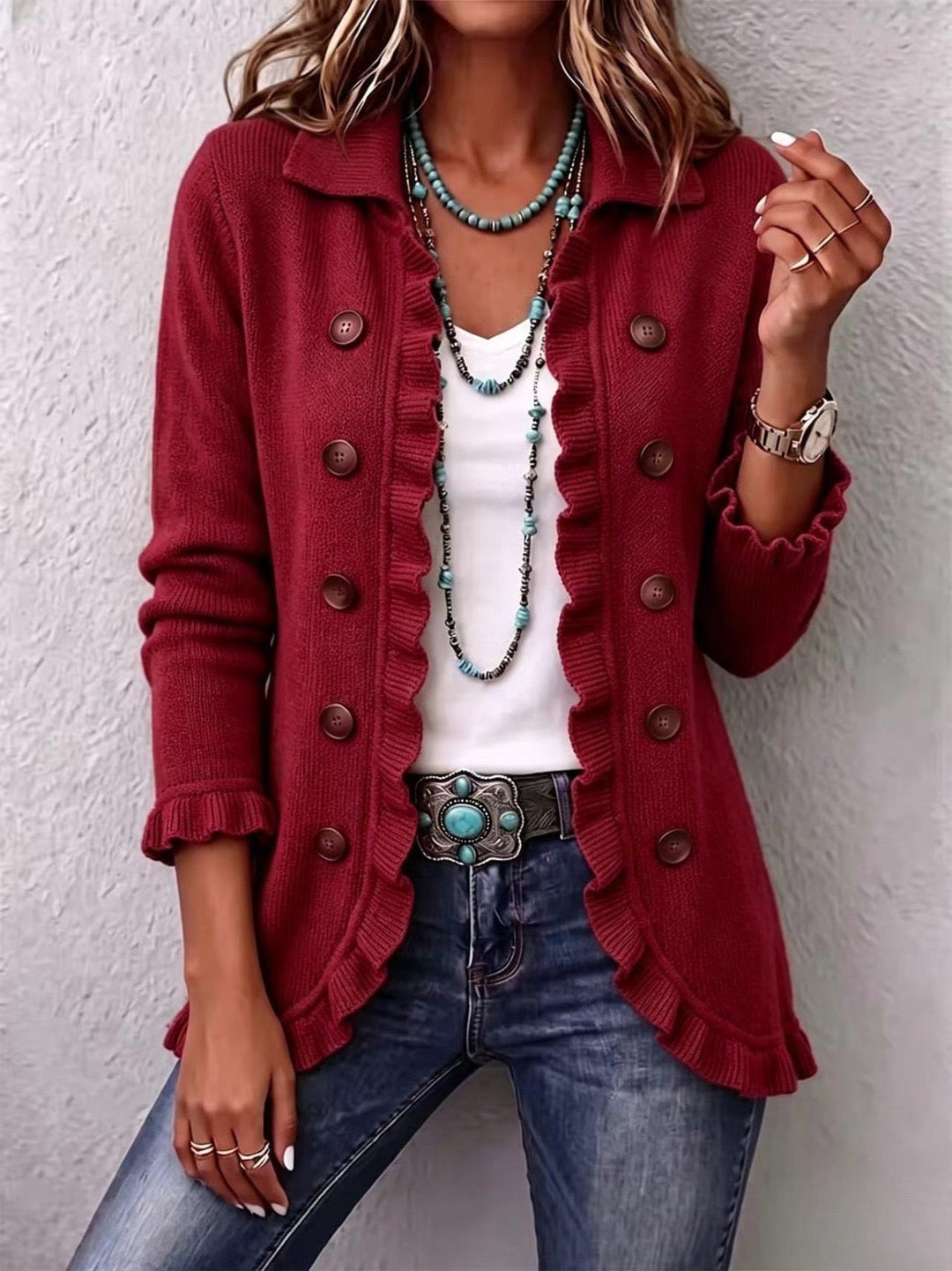Ouida | Ruby Red Ribbed Knit Ruffle Jacket