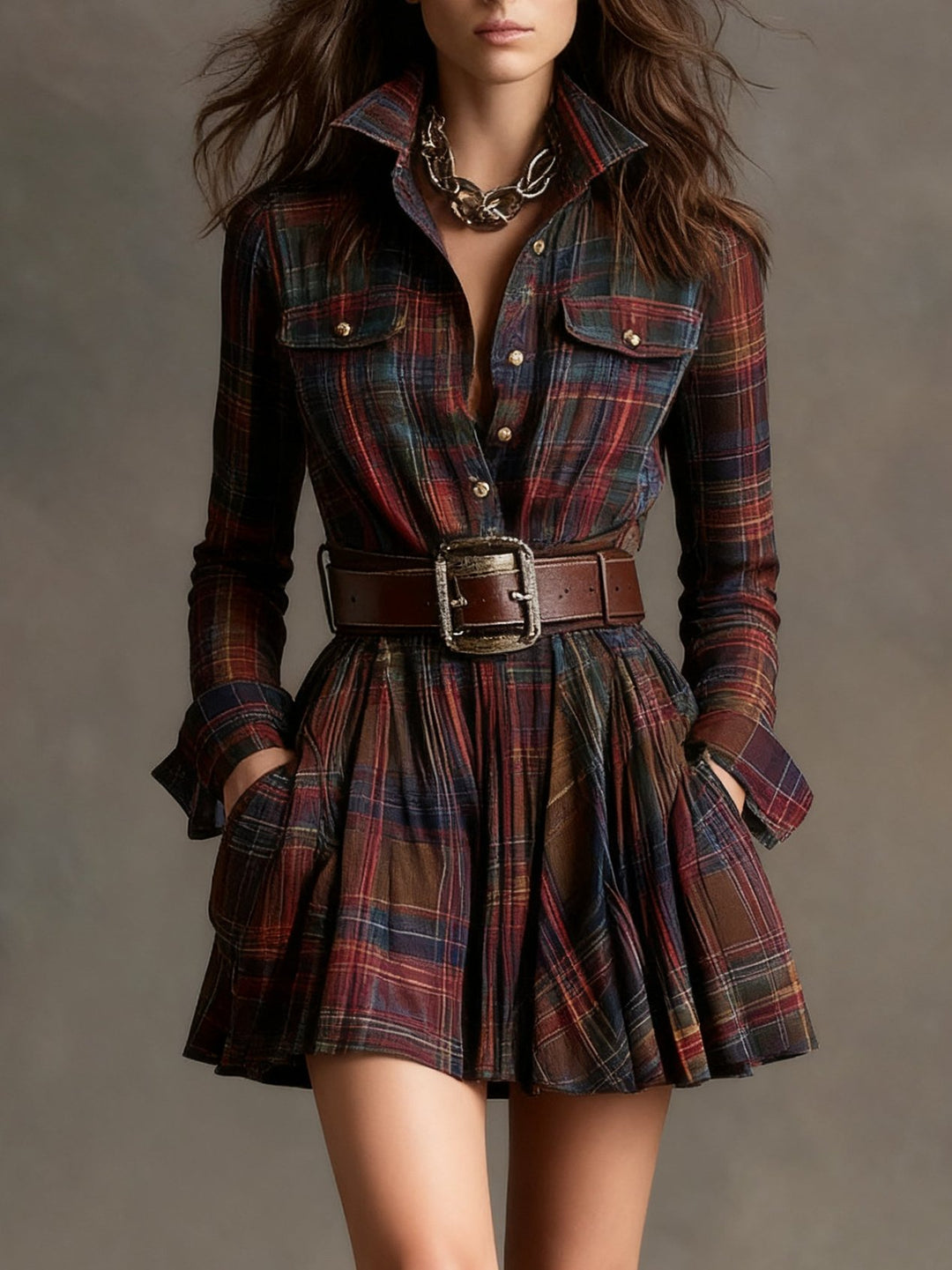 Nieves | Red and Brown Checked Mini Dress