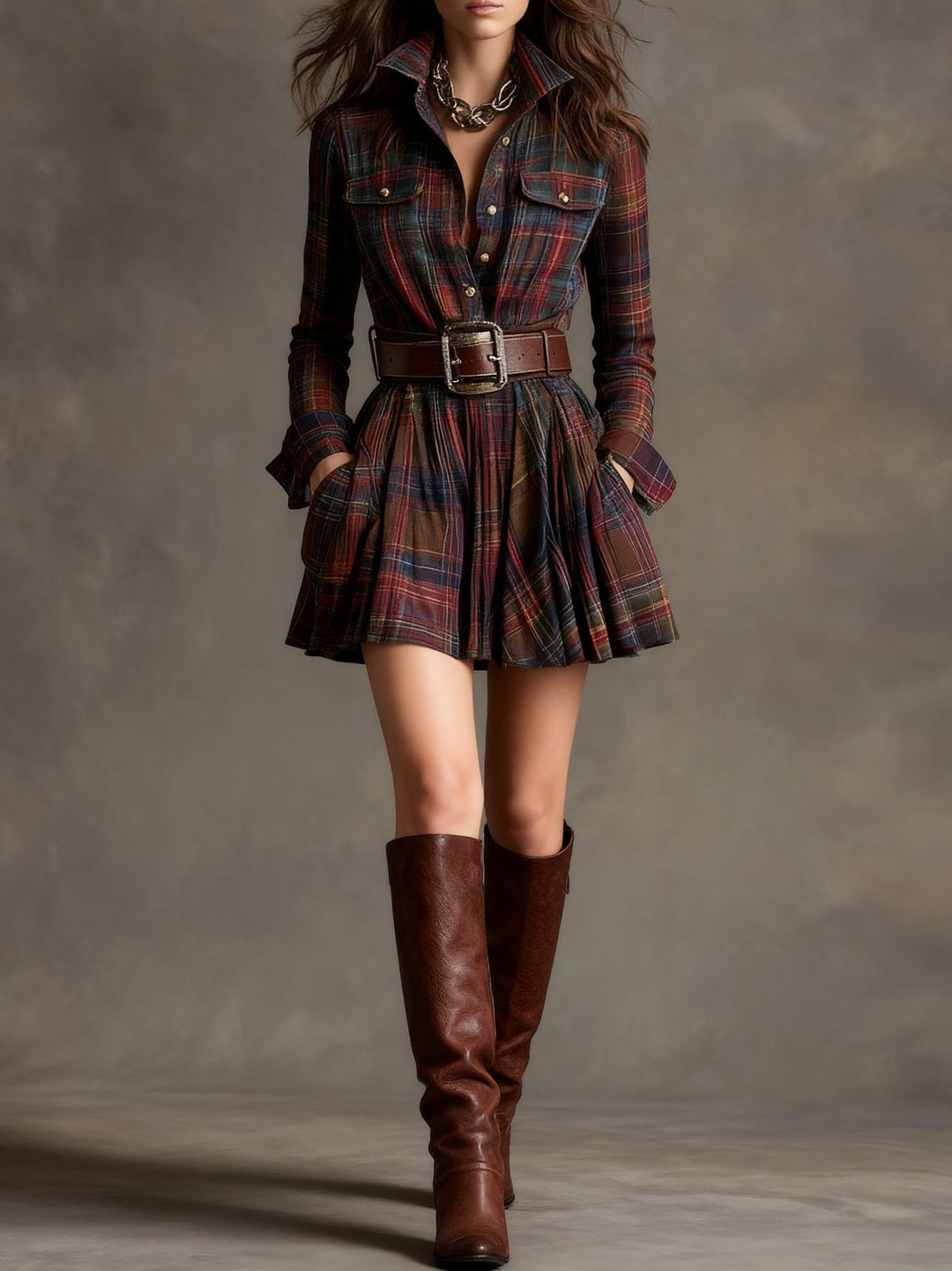 Nieves | Red and Brown Checked Mini Dress