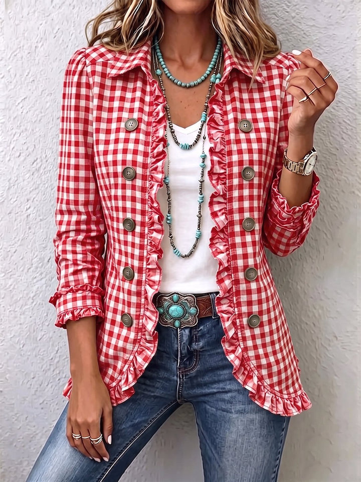 Jillian | Gingham Ruffled Button-Down Jacket