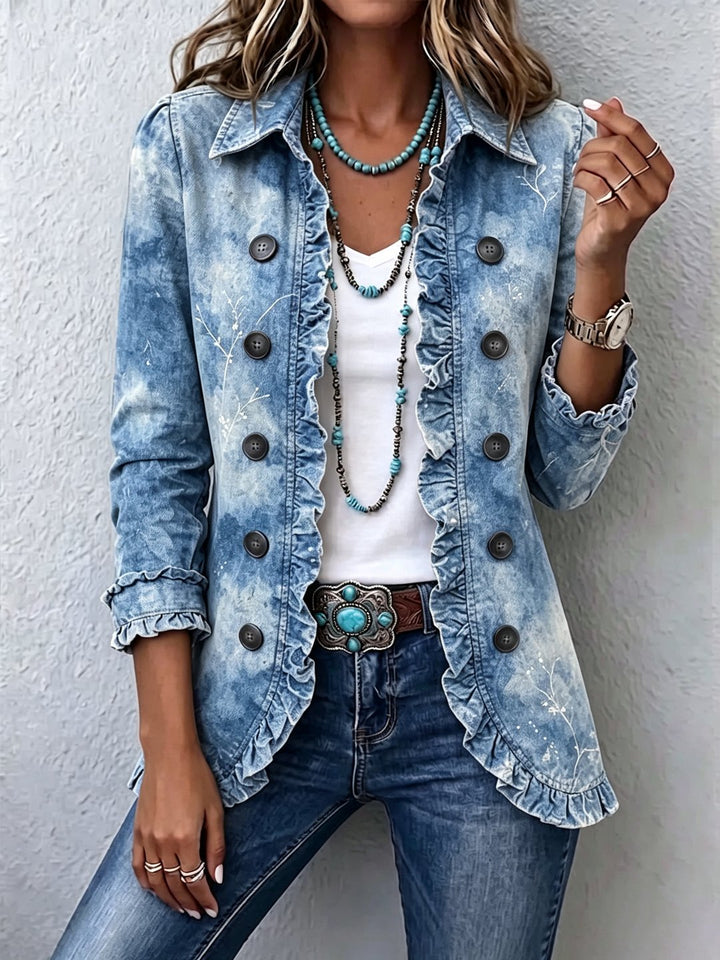 Madeleine | Boho-Style Gradient Vintage Botanical Print Ruffle-Detail Jacket