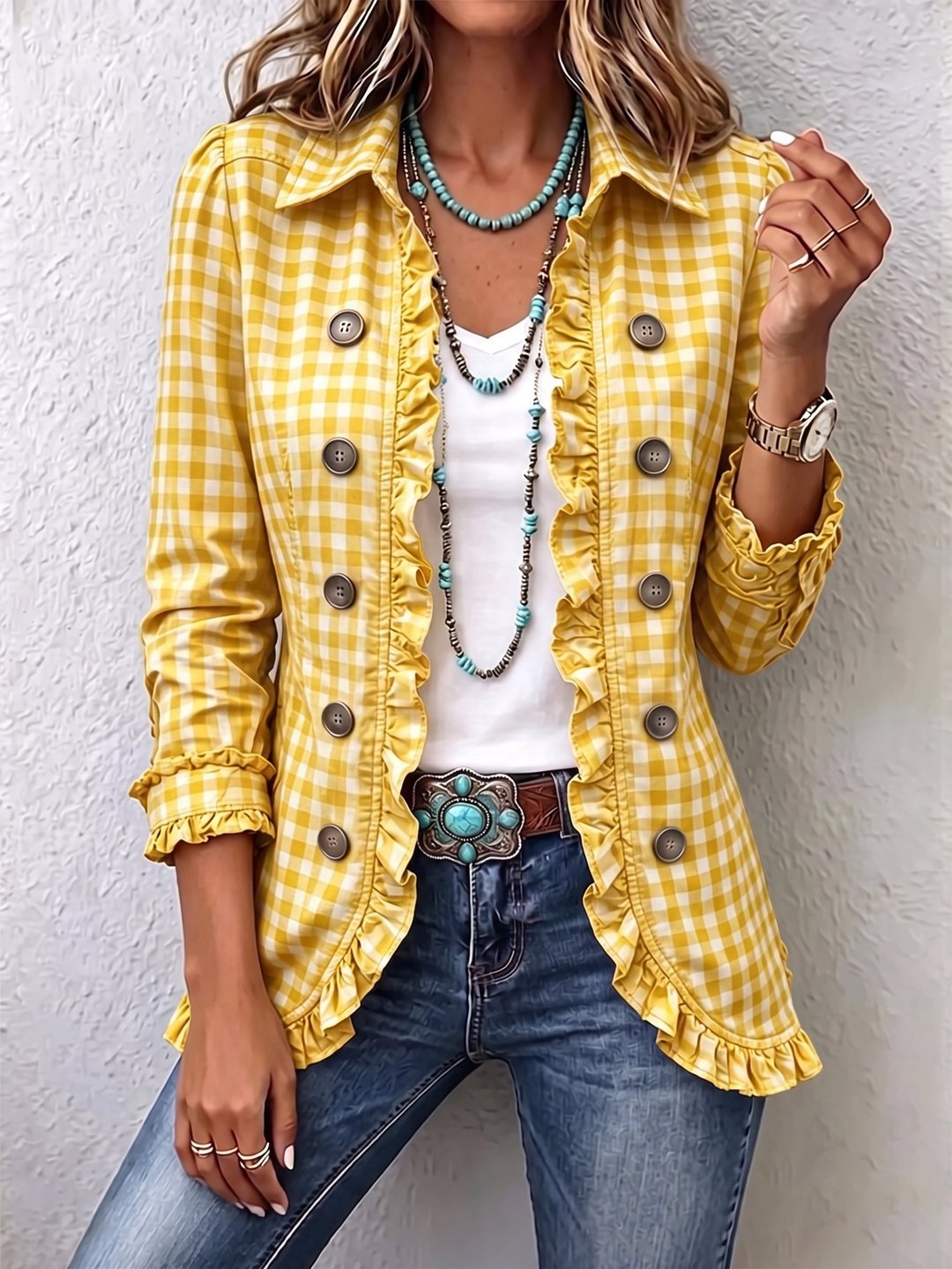 Jillian | Gingham Ruffled Button-Down Jacket