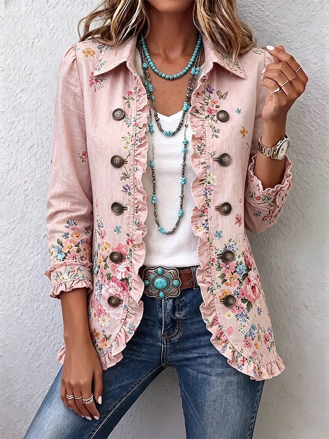 Briana | Floral Ruffle Button-Front Jacket