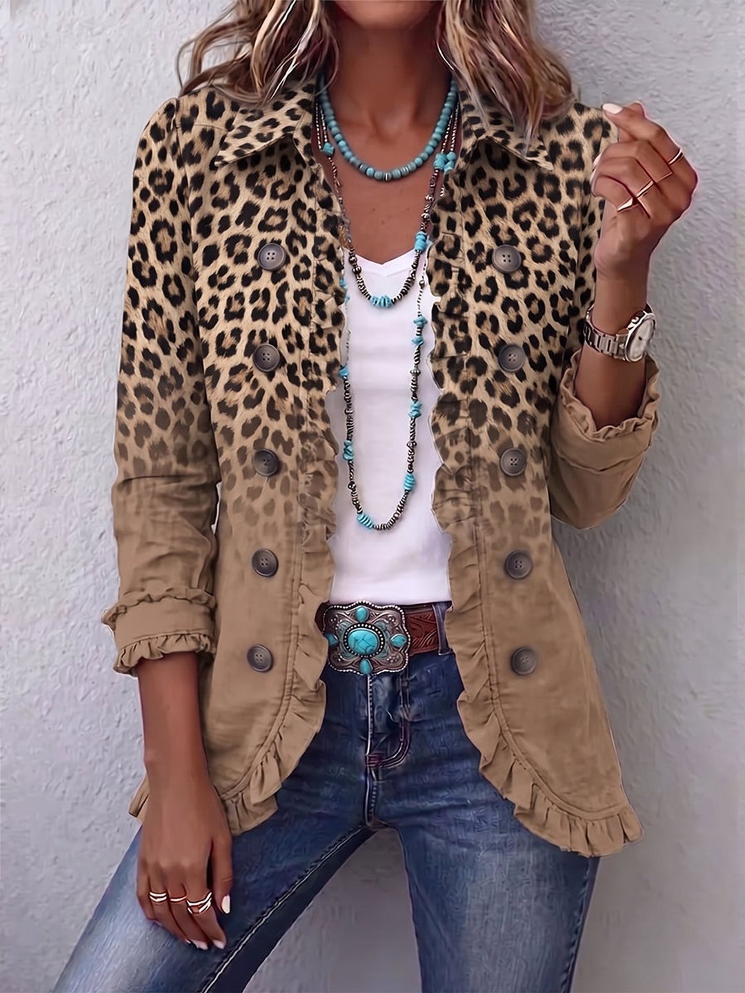 Jeanette | Vintage Leopard Gradient Ruffle Jacket