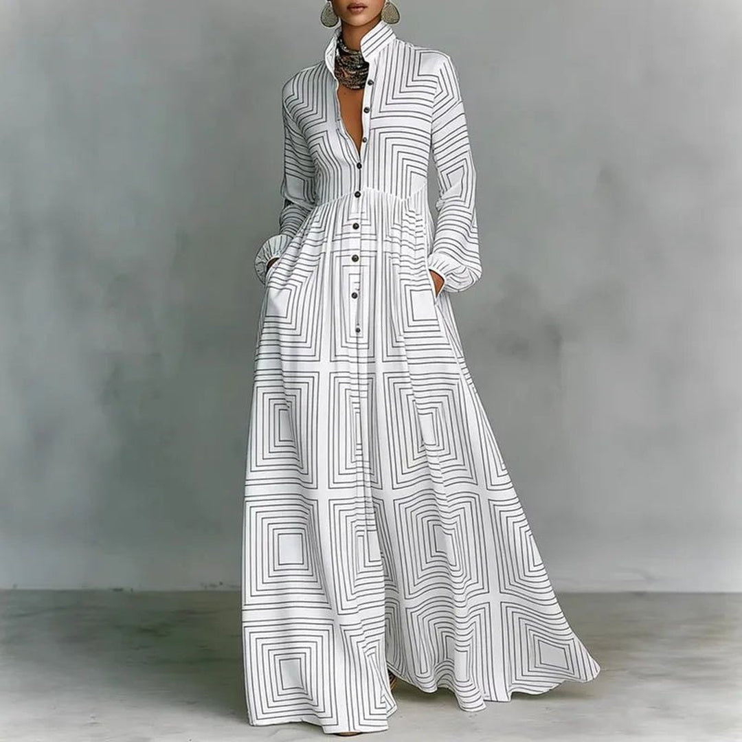 Nell | Printed Maxi Dress for Women with Stand Collar Long Sleeve Button Front High Waist Bohemian Style